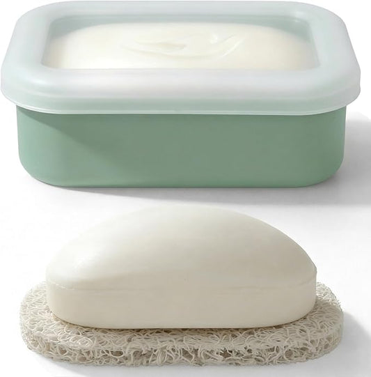 AIMAIMAIMAI Compact Leakproof Travel Soap Case, Silicone Travel Soap Bar Container, Portable Soap Box with Drainage Layer for Camping, Gym (Light Green)