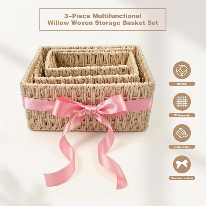 Small Wicker Basket 3-Piece Set: Handwoven Natural Paper Rope Storage Baskets for Organization, Storage, and Home Decor（Includes 3 ribbons to make your basket even more decorative）