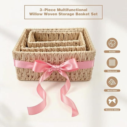 Small Wicker Basket 3-Piece Set: Handwoven Natural Paper Rope Storage Baskets for Organization, Storage, and Home Decor（Includes 3 ribbons to make your basket even more decorative）