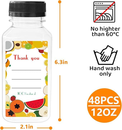 48pcs 12oz Juice bottle with caps,Plastic bottles with caps, Reusable Clear Bulk Beverage Containers for Juice, Milk and Other Beverages