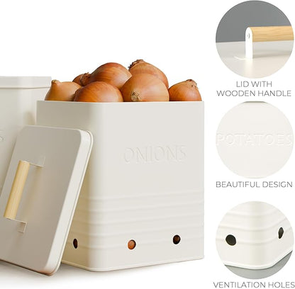 ZICOTO Beautiful Potato and Onion Storage Container Set, 10.1" & 8.9" - Perfectly Sized Spacious Canisters For Your Kitchen Counter Or Pantry - Food Safe Metal Bins Keep Produce Fresh Longer