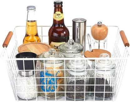 LeleCAT Large white wire baskets with Wooden Handles for storage pantry, Storage Organizer Baskets, Household Refrigerator for Cabinets, Closets, Bedrooms, kitchen - Set of 2（White）