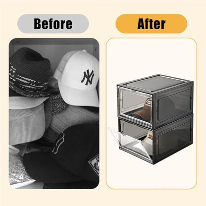 Hat Organizer Box, Stackable Clear Baseball Caps Holder Box Containers with Magnetic Door, Holds 20 Hats (Black Clear, 2 Pack)