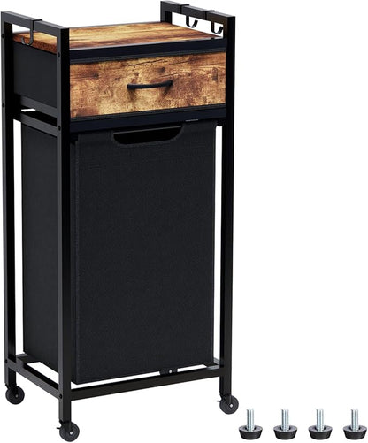 Timberer Laundry Hamper, Laundry Sorter, Rolling Laundry Basket with Drawer, 18 Gal (68 L), Pull-Out and Removable Oxford Fabric Bags, Black and Rustic Brown