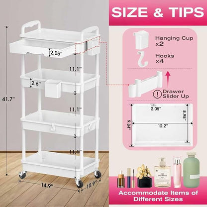 Goovilla Rolling Makeup Organizer Cart with Removable Drawer, 4 Tier Stable White Floor Skincare Storage Cart for Vanity, Cosmetic Display, Nail Polish, Perfume, Hair Stuff, Beauty, Bathroom(Plastic)