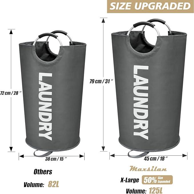 Maxsilan 125L X-Large Laundry Basket, Freestanding Tall Clothes Hamper, Collapsible Laundry Bag, Dark Grey