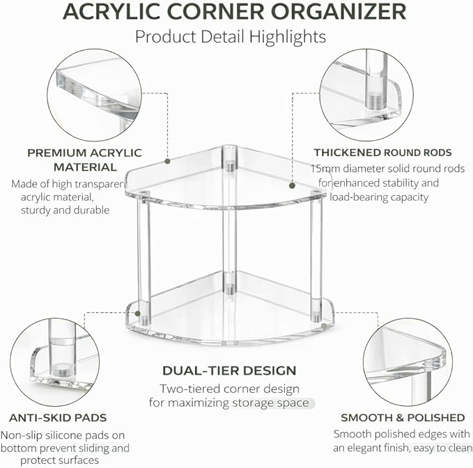 2 Tier Clear Acrylic Bathroom Corner Organizer, Countertop Vanity Tray for Makeup, Cosmetics, Perfume - Freestanding Storage Shelf for Bathroom, Bedroom, Kitchen