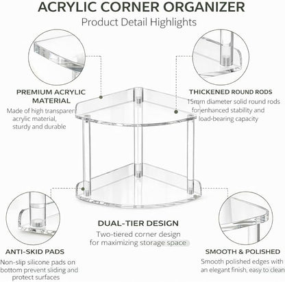 2 Tier Clear Acrylic Bathroom Corner Organizer, Countertop Vanity Tray for Makeup, Cosmetics, Perfume - Freestanding Storage Shelf for Bathroom, Bedroom, Kitchen