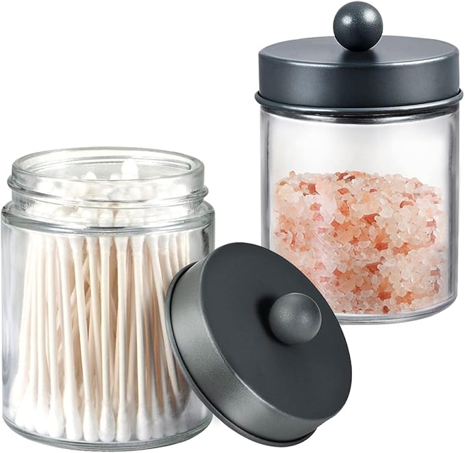 Amolliar Apothecary Jars Bathroom Storage Organizer - Cute Qtip Dispenser Holder Vanity Canister Jar Glass with Lid for Cotton Swabs,Rounds,Bath Salts,Makeup Sponges,Hair Accessories/Grey（2 Pack）