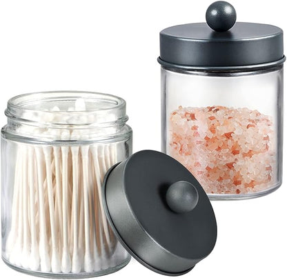 Amolliar Apothecary Jars Bathroom Storage Organizer - Cute Qtip Dispenser Holder Vanity Canister Jar Glass with Lid for Cotton Swabs,Rounds,Bath Salts,Makeup Sponges,Hair Accessories/Grey（2 Pack）