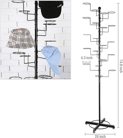 MyGift Large Free Standing Hat Rack Stand, Baseball Cap Organizer Holder, Retail Wig Display with 20 Customizable Circular Hooks, Cowboy Hat Tree, Black Metal