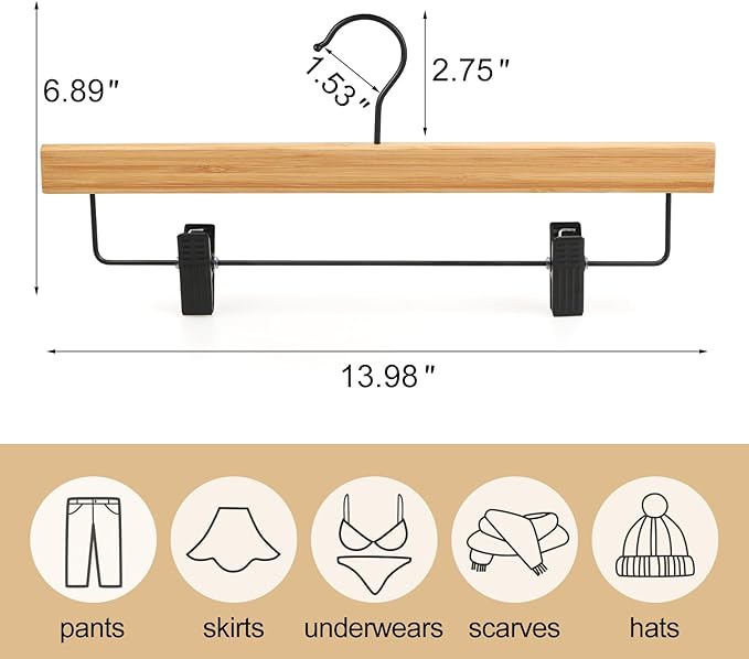 TOPIA HANGER Pants Hangers 20 Pack, Bamboo Clothes Hangers with Black Clips and Rotatable Hook, Durable Natural Wooden Hangers for Skirts, Pants, Jeans, Shorts - CTS06