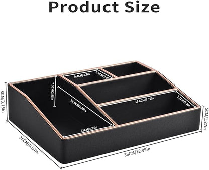PU Leather Makeup Organizer Tray,Large Vanity Organizer,Cosmetic Storage Box for Lipstick Brushes Skincare Perfume,Cosmetic Display Case Rose Gold-trimmed for Dresser,Bathroom Countertop(Black)