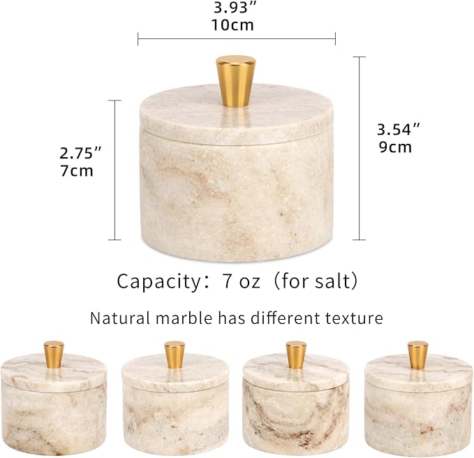 Marble Salt Cellar with Lid, 4 inch Natural Stone Salt Pepper Box, Alloy Lid for Kitchen Countertop Storage (Viva jade, 4 * 3.5)