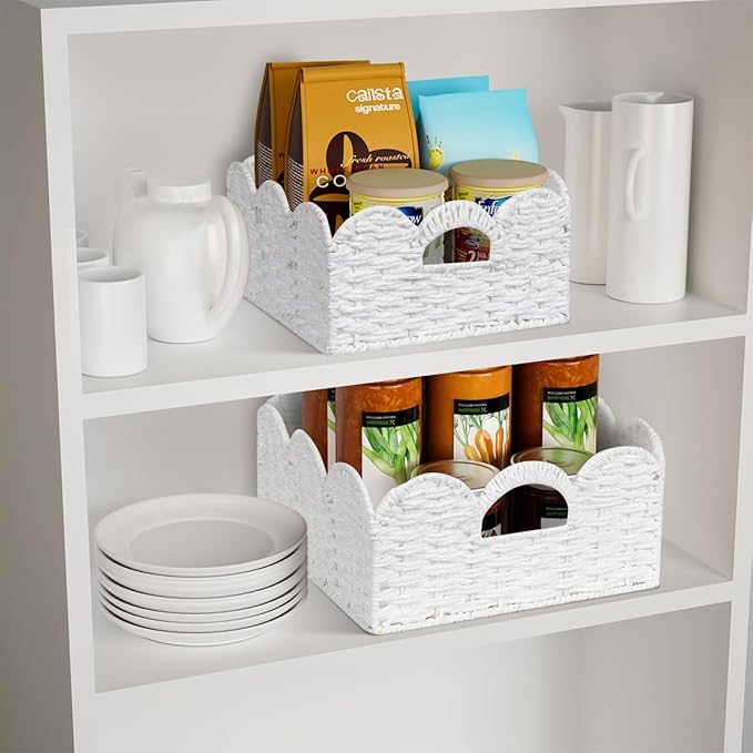 Graciadeco Scalloped Wicker Basket Natural Paper Rope Storage Baskets with Handles Handwoven Organizer Bin Wicker Storage Baskets for Home Decor, Organizing, 2 Pack (White)