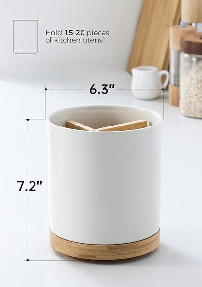 LoeJan 3 Compartment Utensil Holder, Extra Large Utensil Crock, Stable Ceramic Utensil Organizer, Cooking Tool Organizer Set for Kitchen Counter Farmhouse Decor (C-White(Grossy))