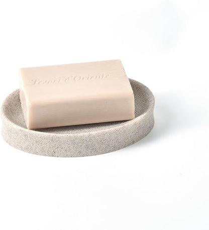 IMEEA Oval Resin Soap Dish for Bathroom Sink Stone-Look Soap Tray Holder for Bar Soap, Sponge or Shampoo Bar (Beige)