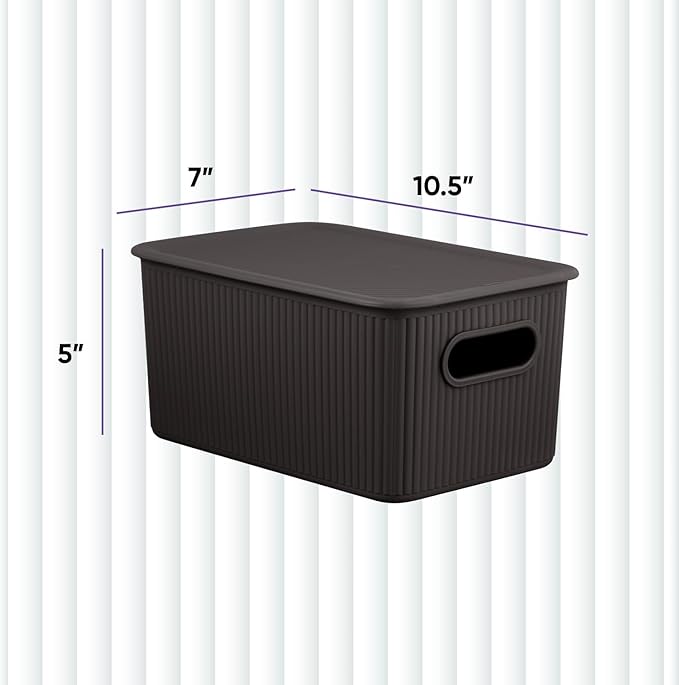 Decorative Plastic Basket Lidded Home Storage Bins Organizer Baskets, Medium Brown (1 Pack - 5 Liter) Stackable Container Box, for Organizing Closet Storage Bins for Shelves - Ribbed Collection