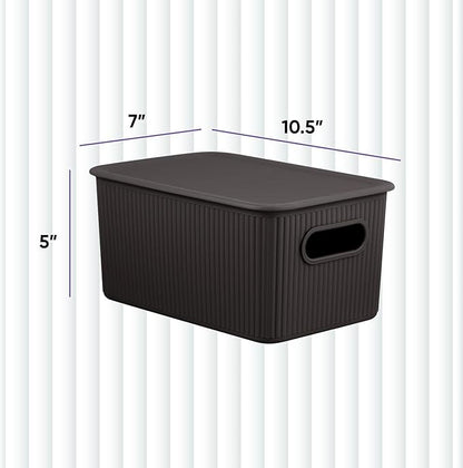 Decorative Plastic Basket Lidded Home Storage Bins Organizer Baskets, Medium Brown (1 Pack - 5 Liter) Stackable Container Box, for Organizing Closet Storage Bins for Shelves - Ribbed Collection