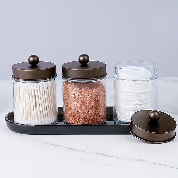SheeChung 3-Pack Glass Apothecary Jars with Acrylic Vanity Tray - Bathroom Organizer Set for Qtip, Cotton Ball, Floss Picks - Vintage Style Bathroom Accessories Storage Canister (Bronze)