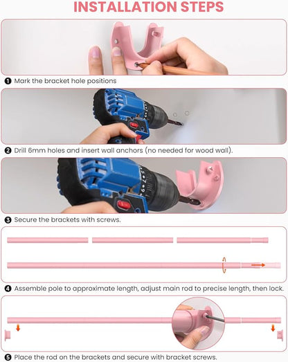Supforce Closet Rods for Hanging Clothes, 17 to 69 Inches Stepless Adjustable Metal Closet Rod, 1.3 Inches Heavy Duty Clothes Hanging Rod for Closet Wardrobes Laundry RV, Pink