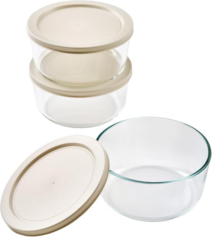 6-Piece Glass Food Storage Containers Set (3 Containers + 3 BPA-Free Lids) | 4-Cup, Leakproof | Microwave, Freezer, Oven & Dishwasher Safe | Ideal for Meal Prep & Pantry Organization, Beige