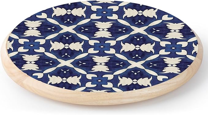 CounterArt Decorative Round Natural Wood Lazy Susan Turntable 14" Diameter Condiment Caddy, Cheese Server, Cake Plate, Spice Organization (Blue & White)