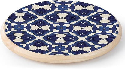 CounterArt Decorative Round Natural Wood Lazy Susan Turntable 14" Diameter Condiment Caddy, Cheese Server, Cake Plate, Spice Organization (Blue & White)