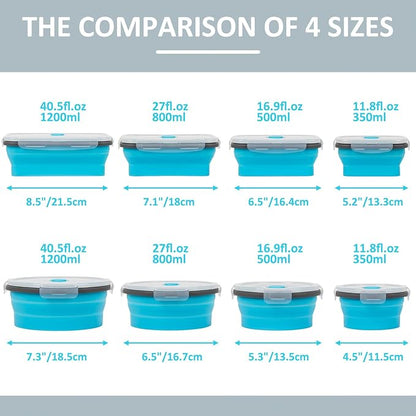 Collapsible Silicone Food Storage Containers Set with Lid & Air Vent, Foldable Lunch Containers, 8 Pack (4 Rectangular + 4 Round Bowls), BPA-Free, Space-Saving