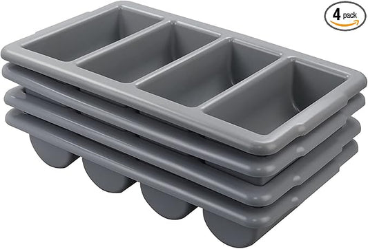 Begale 4-Pack Plastic Commercial Cutlery Bin, 4-Compartment Cutlery Bin, Gray