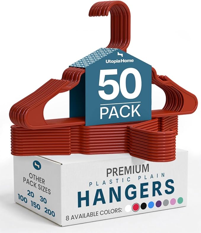 Utopia Home - Plastic Hangers 50 Pack - Space Saving Clothes Hanger - Durable and Strong Closet Organizers and Storage Makes It Ideal Stocking Stuffers or Apartment or Dorm Room Essentials (Red)