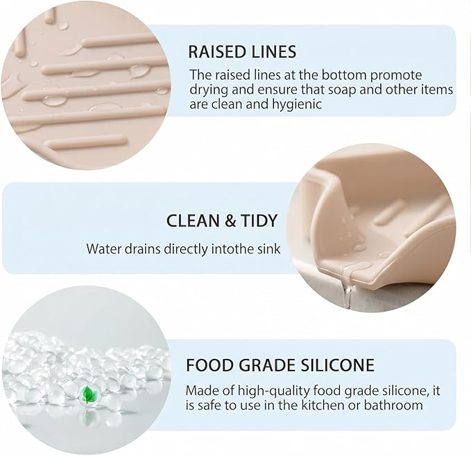 MicoYang Silicone Bathroom Soap Dishes with Drain Spout-Bathroom and Kitchen Sink Organizer,Sponge Holder,Dish Soap Tray,Perfect for Dispenser,Scrubber,Bottle,Cup on Sink or Counter-Tapioca 4.9"×3.2"