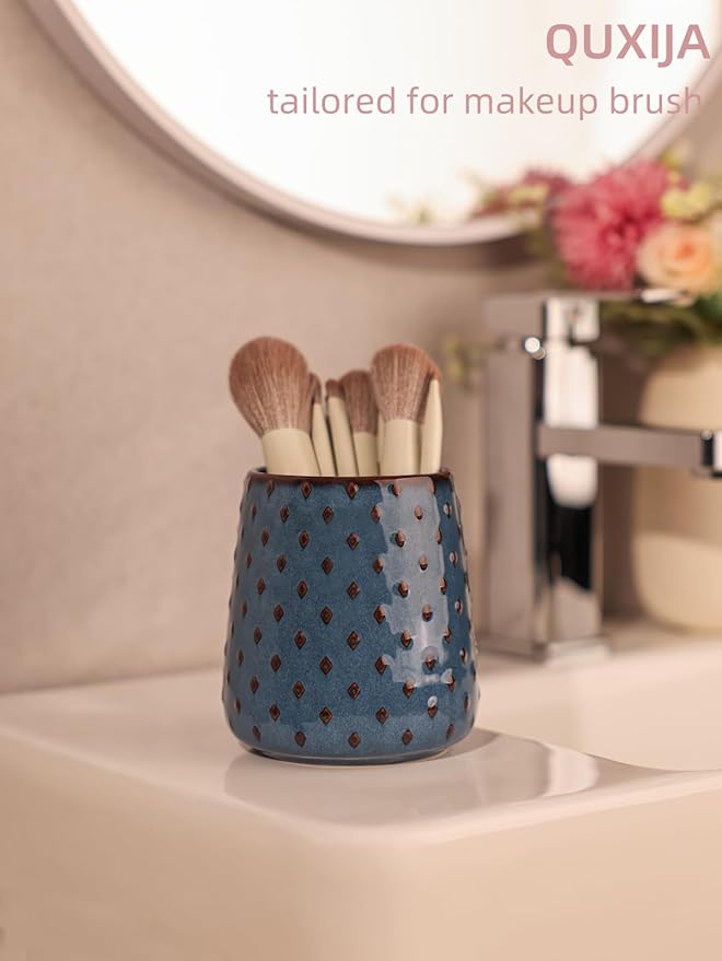Ceramic Makeup Brush Holders, Farmhouse Bathroom Vanity and Countertop, Brushes Cup for Bathroom Cosmetics, Lipsticks, Vanity Desktop Storage (Vintage Blue)