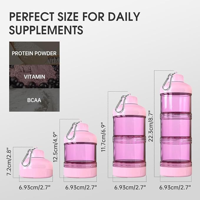 BYLWORKOUT 3-Layer Protein Powder Travel Container with Funnel and Keychain | Portable Food Storage Organizer for Gym, Fitness, Kitchen, Camping, Hiking, and Travel (Pink)