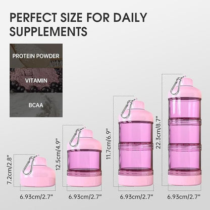 BYLWORKOUT 3-Layer Protein Powder Travel Container with Funnel and Keychain | Portable Food Storage Organizer for Gym, Fitness, Kitchen, Camping, Hiking, and Travel (Pink)