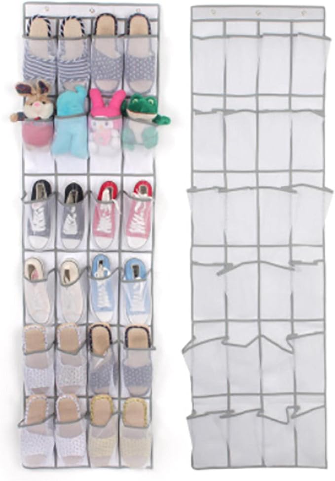 Over the Door Shoe Organizer, Hanging Shoe Rack for Door, Large Capacity Shoe Organizer Holder with 24 Large Pockets for Closet Storage, Clear Hanging Shoe Shelves Shoe Hanger Storage Organizer Bag (A)