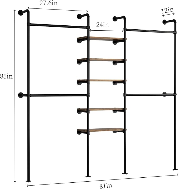 Industrial Pipe Clothing Racks with 5 Shelves, Wall Mounted Clothes Rack for Hanging Clothes, Black Wall Clothing Rack, Heavy Duty Clothes Rack for Walk in Closet, Laundry Room