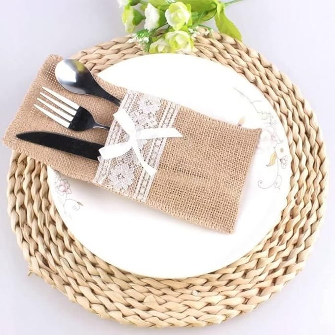 10 Pack Natural Burlap Cutlery Pouch,Burlap Silverware Holders Silverware Bags, Hessian Burlap Lace Utensil Napkin Holders, Knifes Forks Bag with Cotton Inner for Vintage Wedding Christmas