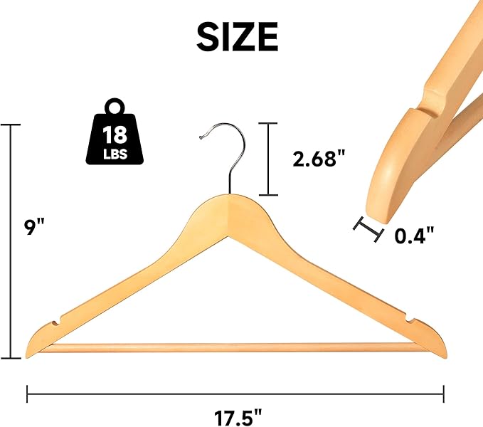 Quality Wooden Clothes Hangers, Solid Wood Suit & Coat Hangers with Pants Bars, Swivel Hook, Shoulder Notches, Heavy Duty Hangers for Shirts, Jackets, Dresses & Trousers(Natural Wood/12-Pack)