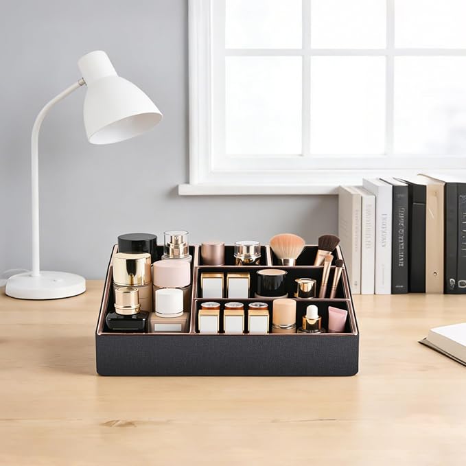 PU Leather Makeup Organizer Tray,Large Vanity Organizer,Cosmetic Storage Box for Lipstick Brushes Skincare Perfume,Cosmetic Display Case Rose Gold-trimmed for Dresser,Bathroom Countertop(Black)