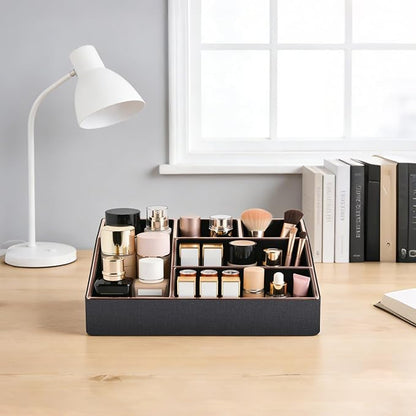 PU Leather Makeup Organizer Tray,Large Vanity Organizer,Cosmetic Storage Box for Lipstick Brushes Skincare Perfume,Cosmetic Display Case Rose Gold-trimmed for Dresser,Bathroom Countertop(Black)