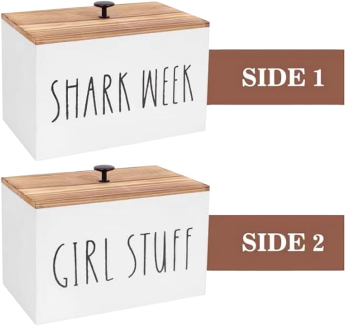 Tampon Holder Tampon Organizer Rustic Wood Bathroom Storage Bin with Lid Movable Partition Storage Container with 3 Compartment Feminine Product Wood Tampon Dispenser (White)