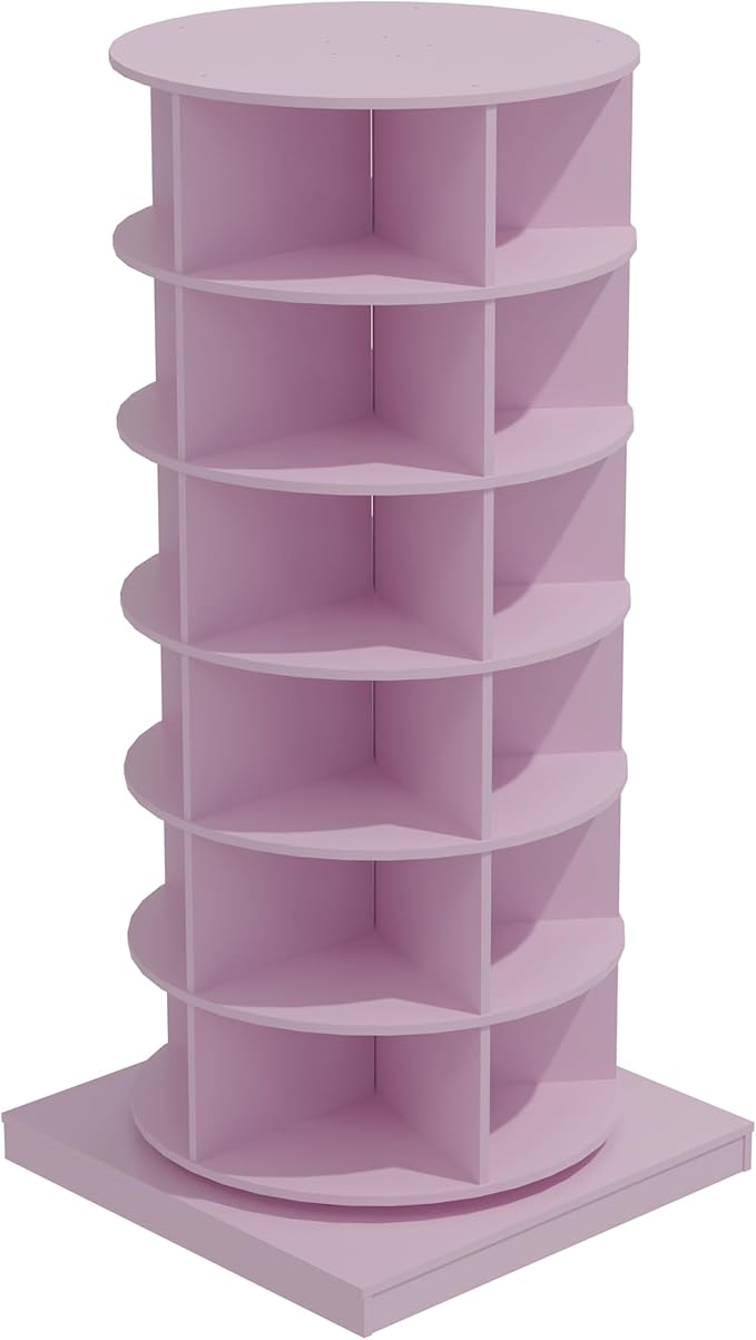 HomVent Rotating Shoe Rack, Wooden 6-Tier Spinning Shoe Rack Tower, Free Standing 360° Revolving Shoe Organizer Shoe Storage Shelf Can Hold Over 24 Pairs Shoes for Entryway Living Room (6-Tier, Pink)