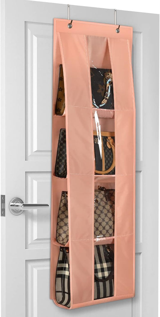 Lirex Over the Door Purse Organizer, handbag storage organizer with 4 Clear Pockets Foldable, purse storage, scarf storage, clothing organizer, legging organizer for hanging closet organize,Light Pink