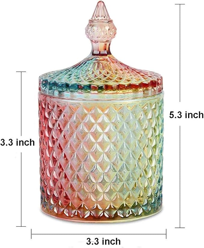 Colorful Home Decorative Jar Qtips Holder Dispenser Glass Storage Container Bathroom Counter Vanity Organizer for Bath Salts/Swabs/Rounds Makeup Sponges Toothpick Jewelry(Rainbow, 10 oz)
