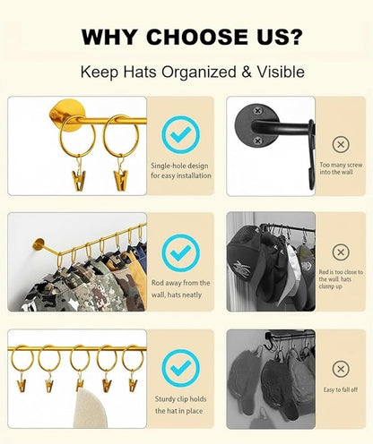 Viklluyr Hat Organizer for Baseball Caps Hat Rack with 20 Hooks - Sturdy Metal Hat Storage Wall Mounted Caps Hanger Set of 2 for Closet Door Bedroom Entryway Laundry(Gold)