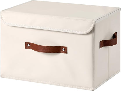 Storage Bins Box with Lids Decorative PU Leather Fabric Baskets Cubes with Handles PP Plastic Board Foldable Washable Lidded Clothing Shelf Closet Organizer Container (Beige, Large)
