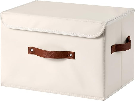 Storage Bins Box with Lids Decorative PU Leather Fabric Baskets Cubes with Handles PP Plastic Board Foldable Washable Lidded Clothing Shelf Closet Organizer Container (Beige, Large)