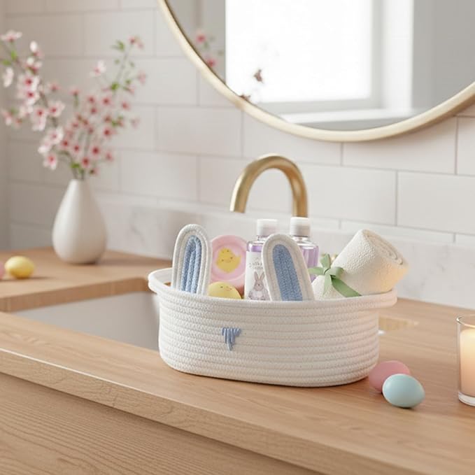 ShellKingdom Empty Gift Basket with Gift Bags and Ribbon, Birthday Basket for Boys Girls, Storage Woven Basket with Handles for Home Organizer, 12 X 8 X 5 INCH, Easter White Blue