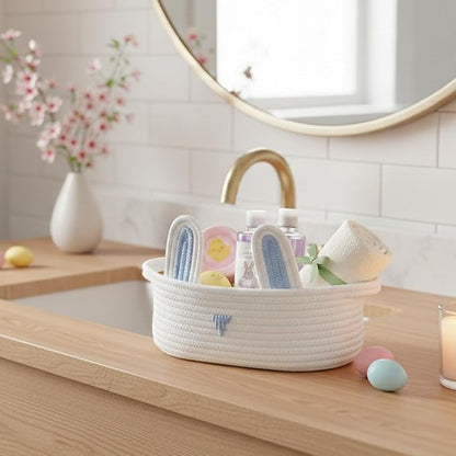 ShellKingdom Empty Gift Basket with Gift Bags and Ribbon, Birthday Basket for Boys Girls, Storage Woven Basket with Handles for Home Organizer, 12 X 8 X 5 INCH, Easter White Blue